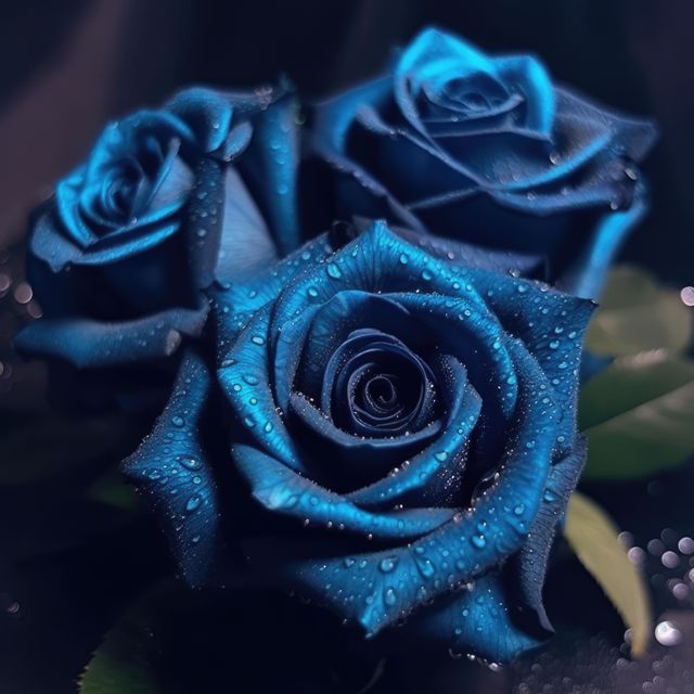Close up of blue roses with water drops, created using generative ai technology. Rose, flower, nature and colour concept digitally generated image.
