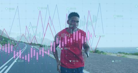 African American Athlete Running with Data Overlay on Road