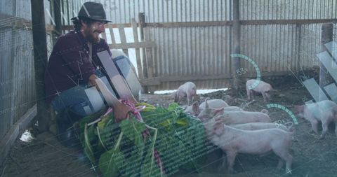 Farmer with Piglets and Digital Data Integration