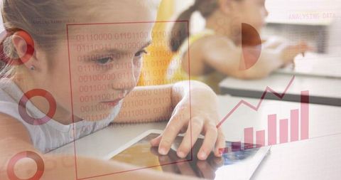 Young student tapping tablet with data overlays for interactive learning and analytics