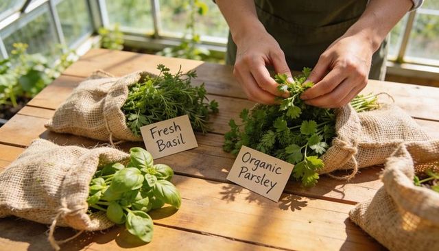 Hands arranging organic parsley and fresh basil in jute sacks on sunlit greenhouse table