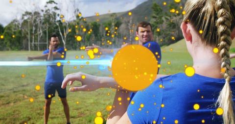 Group fitness outdoor stretching with vibrant effects