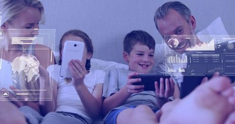 Family Using Digital Devices with Data Interface Overlays