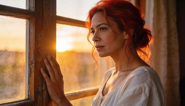 Red-haired woman gazing through wooden window at golden hour sunset, contemplative portrait