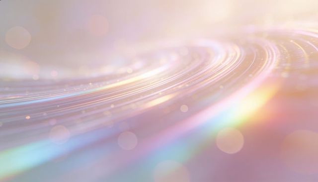Iridescent light waves flowing across glossy prismatic surface with soft bokeh glow