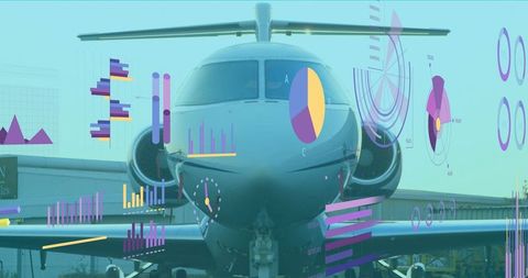 Private jet on runway with data charts visualizing innovation