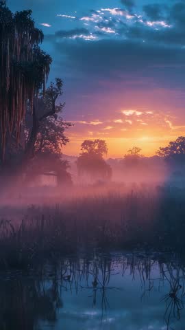 Sun Rising Over Cypress Marsh, Spanish Moss Glowing in Misty Dawn Vertical Video
