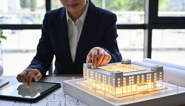Architect adjusting illuminated mixed-use building model on desk with tablet and blueprints