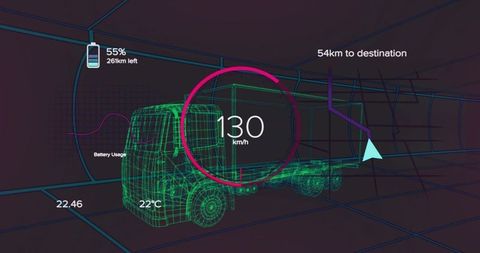 Neon wireframe semi-truck 3d dashboard displaying telemetry gauge 130 km/h battery 55%