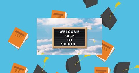 Welcome Back to School with Graduation Caps and Books