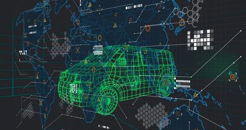 Futuristic neon green SUV wireframe receiving telemetry via holographic geospatial network