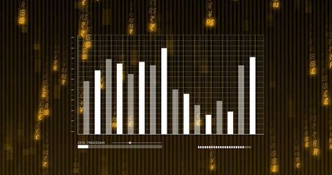 Dark financial dashboard displaying interactive bar chart, glowing currency symbols and sliders