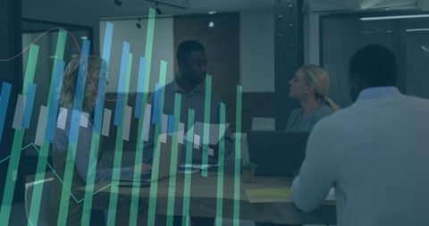 Team Discussing Project in Office with Data Visualization Overlay