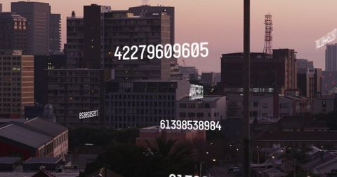 futuristic cityscape with digital data overlay at sunset - Download Free Stock Images Pikwizard.com