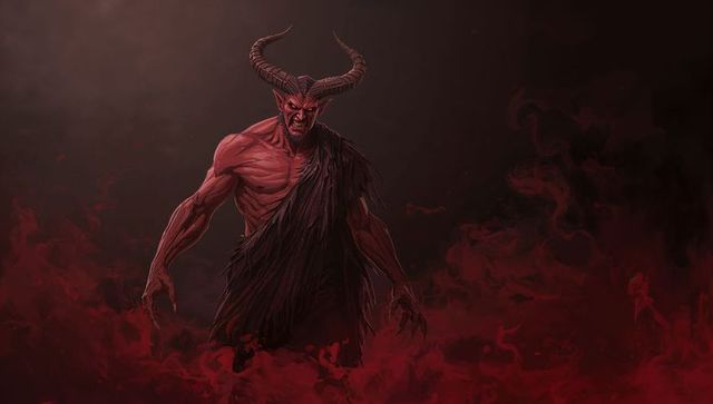 Horned Demonic Entity Emerging from Fiery Abyss in Dark Fantasy Setting