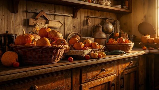 Harvest scene with rustic farmhouse pantry and pumpkins