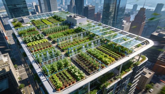 Spraying rooftop urban farm featuring raised beds, sprinkler irrigation and city skyline