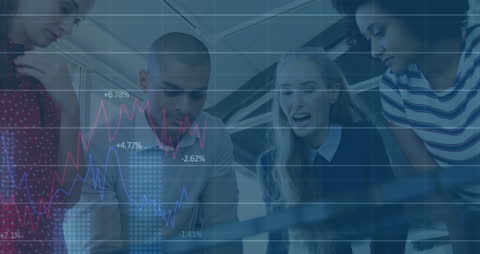Team Analyzing Financial Data with Graph Overlay