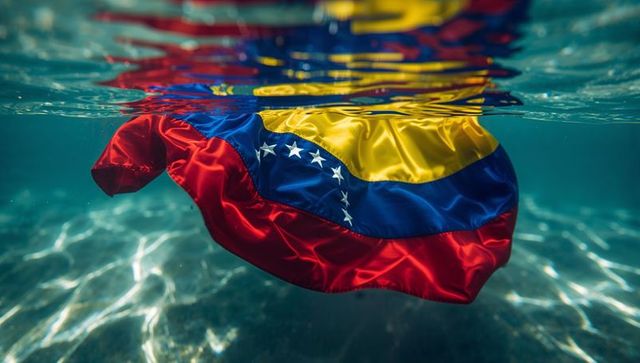 Venezuelan flag floating underwater with sunlit ripples and seabed caustics