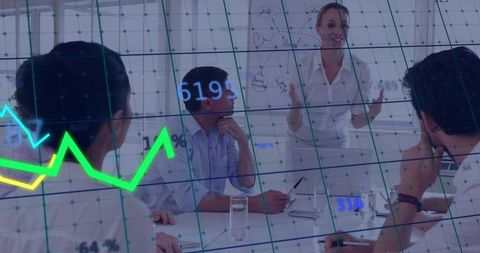 Presenting woman leading boardroom meeting with data chart overlay and team collaboration