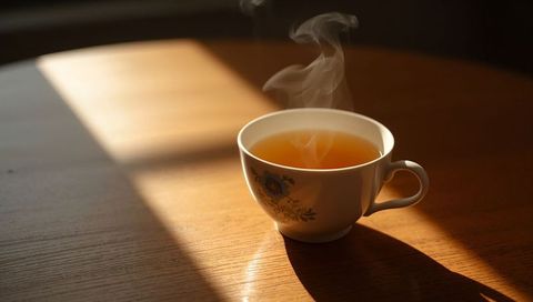 Steaming floral teacup bathing in warm morning sunlight on wooden table, soft steam rising