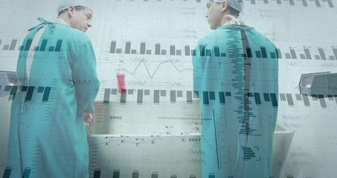 Surgical team preparing for operation scrubbing at sink with medical data overlay