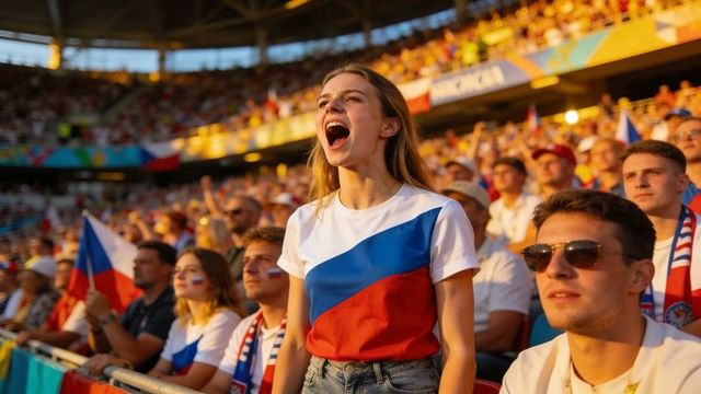 Young czech supporter cheering, waving flag wearing blue white red shirt in stadium