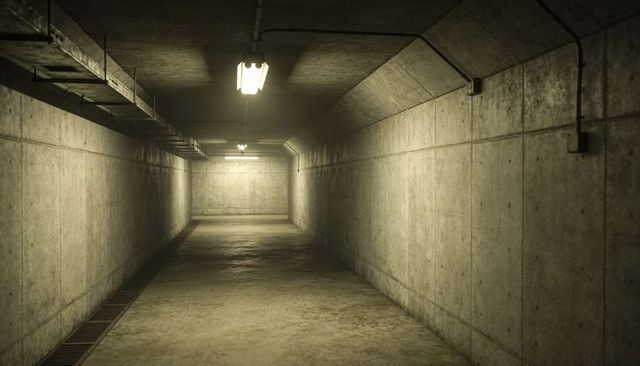 Stretching Concrete Underground Corridor Showing Fluorescent Lights, Conduit and Floor Drain