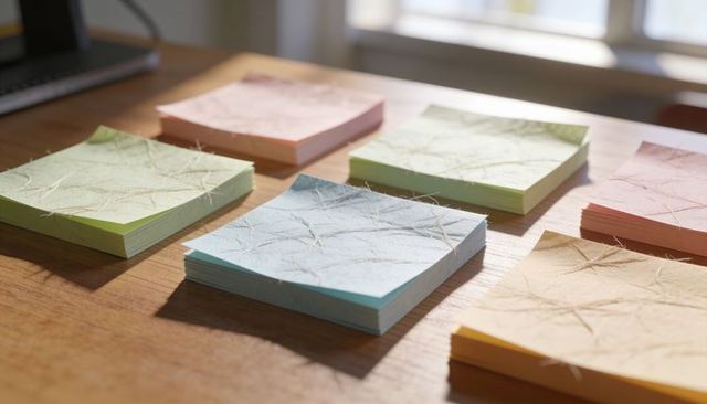 Featuring blue textured notepad among pastel sticky notes on sunlit wooden desk by window