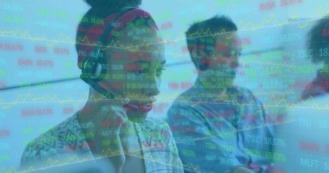 Female Analyst Monitors Stock Market with Headset in Modern Office