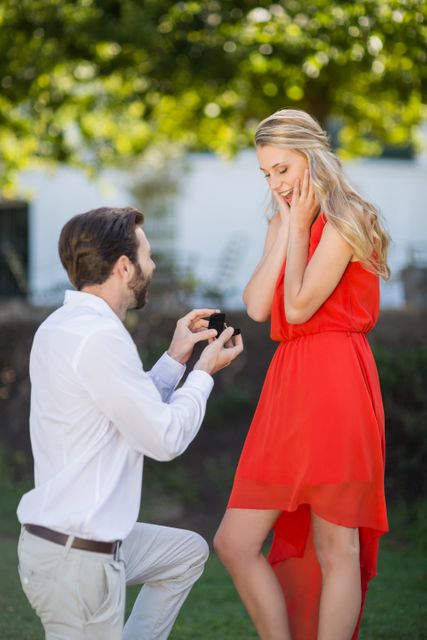 Man Proposing to Woman in Park with Engagement Ring - Download Free Stock Photos Pikwizard.com