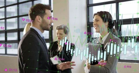 Business Leaders Discussing Market Data with Candlestick Charts and Analytics Overlay