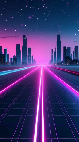 Vertical Neon Highway Loop Toward Futuristic Skyline — Vaporwave Cyberpunk Night Drive