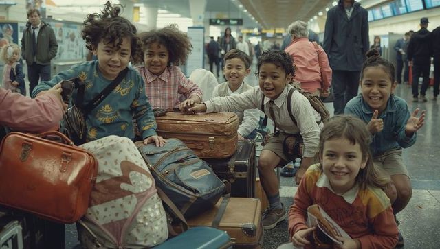 Group of Children Excitedly Traveling with Vintage Suitcases in Airport