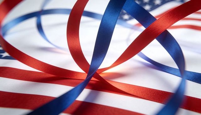 Looping red and blue satin ribbons crossing american flag stripes, celebrating patriotic spirit