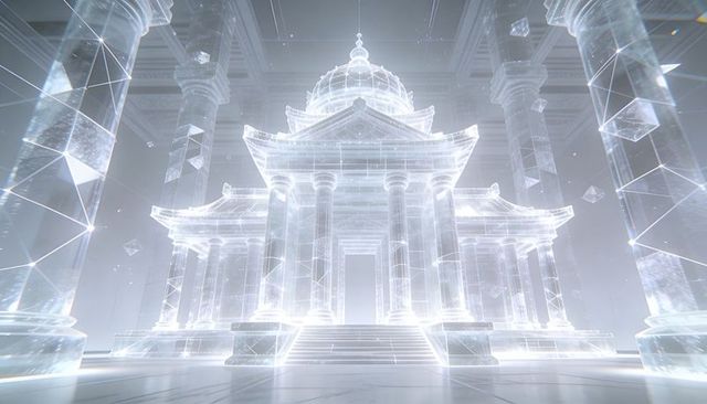 Glowing wireframe temple hovering in holographic chamber with columns and floating cubes