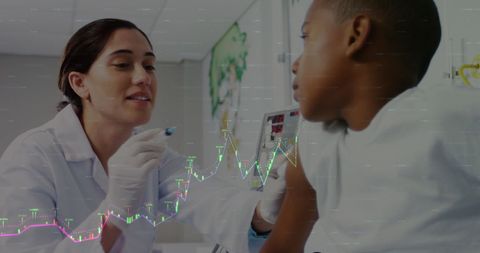 doctor and child with data technology interface overlay - Download Free Stock Images Pikwizard.com