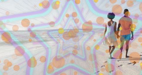 Couple Enjoying Romantic Beach Stroll with Colorful Artistic Overlay