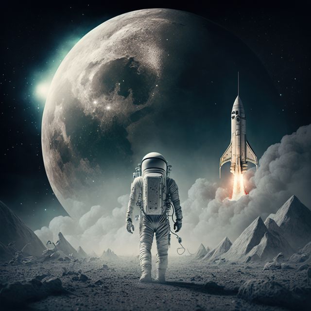 Astronaut exploring with rocket on moon, created using generative ai technology. Space, planets and astronaut concept, digitally generated image.