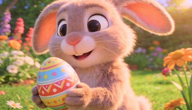 Adorable bunny holding colorful easter egg in sunny spring meadow | whimsical pastel garden