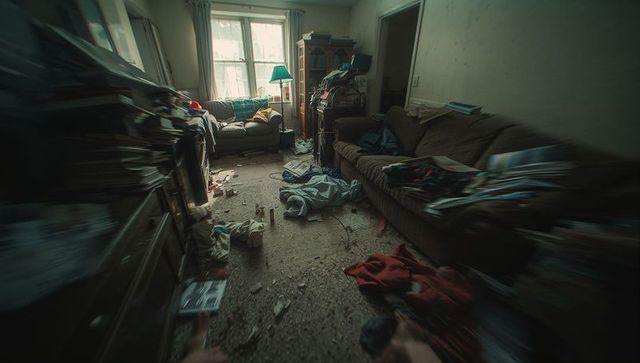 Cluttered living room with narrow walkway, teal lamp, piled clothing and scattered debris