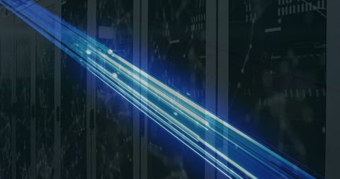 Glowing Blue Light Trails Passing Through Server Room