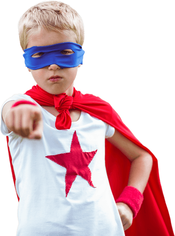 Transparent superhero boy pointing in red cape and mask