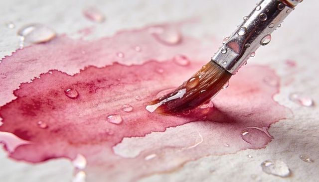 Macro round brush spreading pink watercolor pigment with sparkling water droplets
