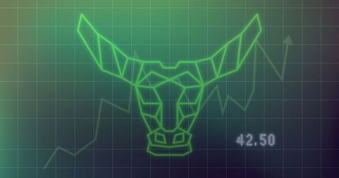 Neon bull head on financial chart display: futuristic trading and investment trends