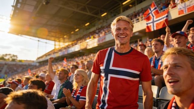 Cheering norwegian football fans standing in sunlit stadium with norwegian flags