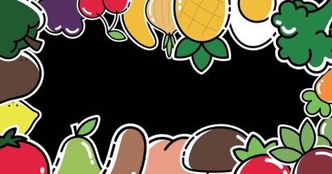Colorful Fruits and Vegetables Cartoon Frame on Black Background