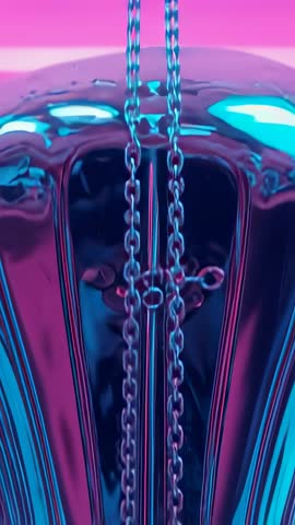 Pulling back vertical video of chains sliding down reflective neon dome