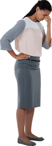 Transparent businesswoman stressed and reflective with head in hand