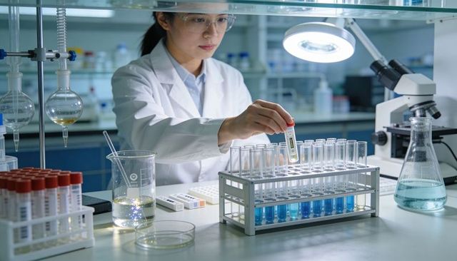 Female scientist working with test tubes and microscope in clinical research laboratory